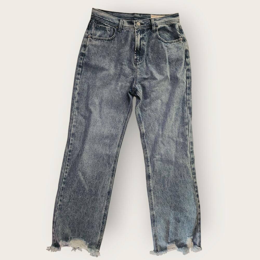 Wish List Jeans Women's Sz L Blue Denim Factory Distressed Straight High-Rise